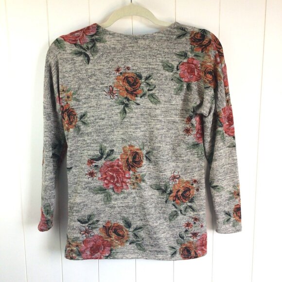 Pomelo Boutique Sweater size Small Gray marled Floral Print twist Knot front - Picture 5 of 6